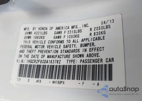 2013 Honda Accord Ex-L z USA, uszkodzony, nr VIN 1HGCR2F80DA163762